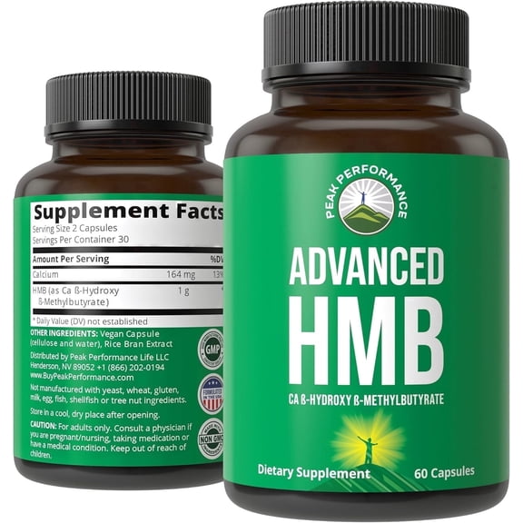 Peak Performance HMB Calcium Beta Hydroxy Beta-Methylbutyrate Capsules for Muscle Strength, Lean Muscle, Recovery, Gluten-Free, No Preservatives, 60 Count