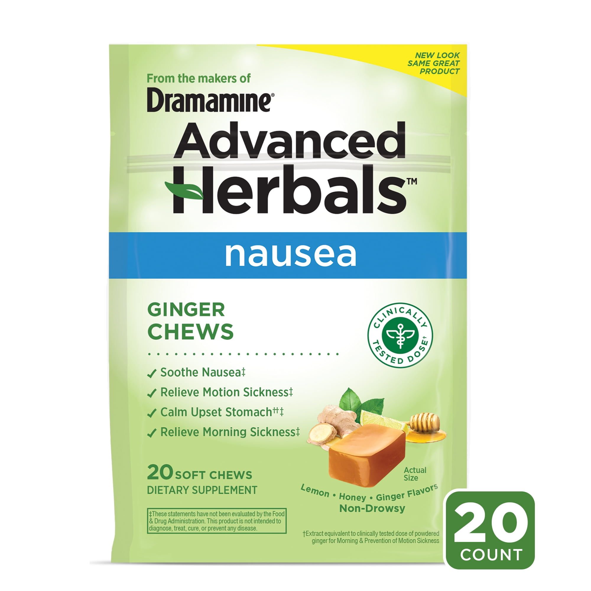 Advanced Herbals by Dramamine, Ginger Chews, Nausea Relief Soft Chews Lemon-Honey-Ginger, 20 Ct