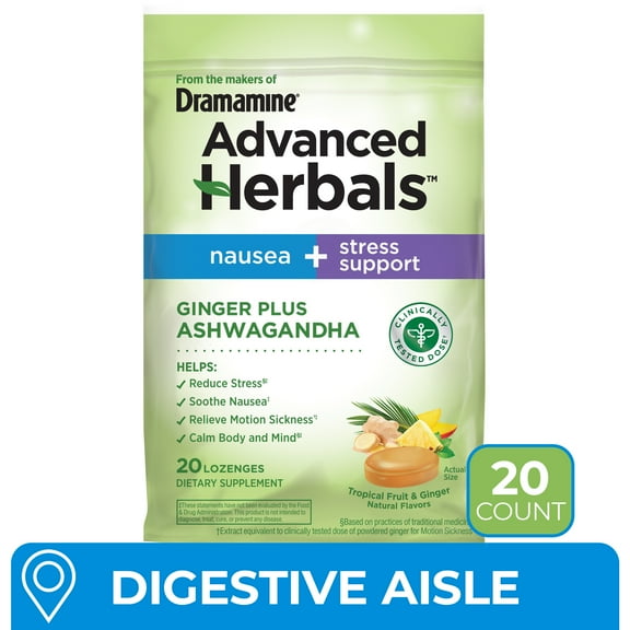 Advanced Herbals by Dramamine, Nausea + Stress Support Lozenges with Ginger & Ashwagandha, 20 Ct