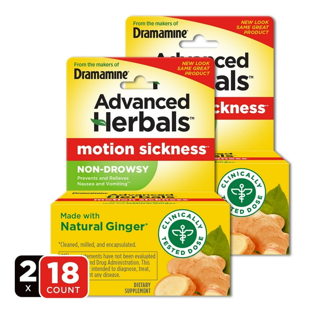 Advanced Herbals by Dramamine, NonDrowsy Motion Sickness Relief, with Natural Ginger, 18 Count