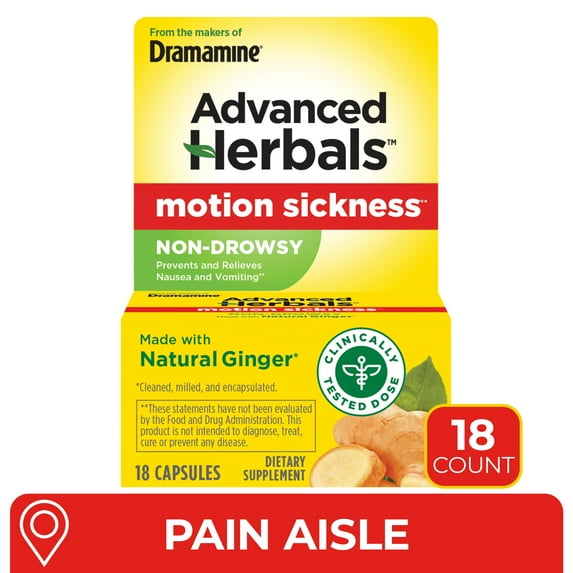 Advanced Herbals by Dramamine, Non-Drowsy Motion Sickness Relief, with Natural Ginger, 18 Count
