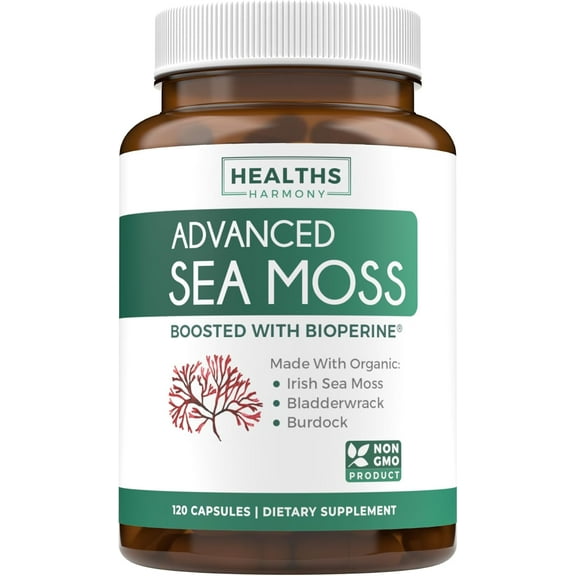 Healths Harmony Advanced Organic Irish Sea Moss Capsules with BioPerine Black Pepper, 120 Count