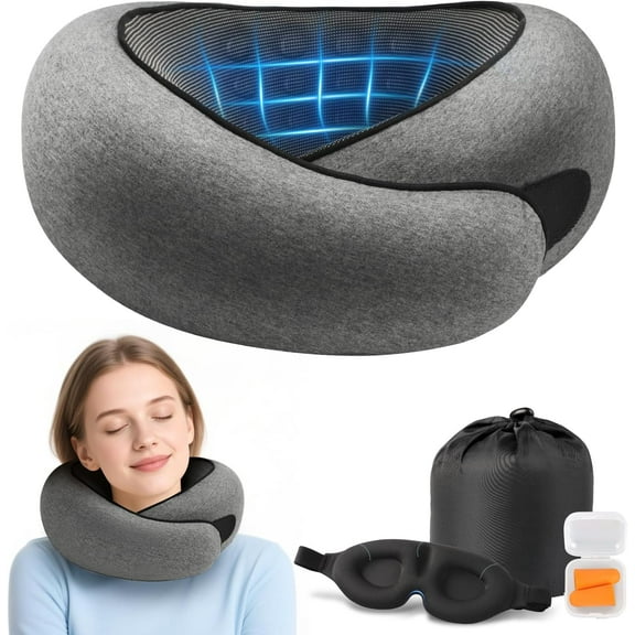 Advanced Memory Foam Neck Travel Pillow, Neck Pillow Airplane with Eye Mask & Ear Plugs, Designed for The Comfort of Travel & Office, The Pillow for Plane, Car, Home, Work, Dark Grey