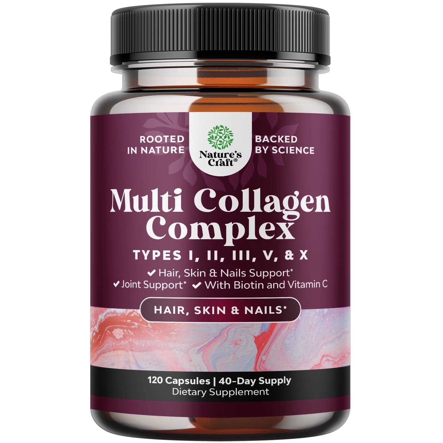 Natures Craft Advanced Multi Collagen Peptide Capsules with BioPerine, Hair, Skin & Nails Support, 120 Count