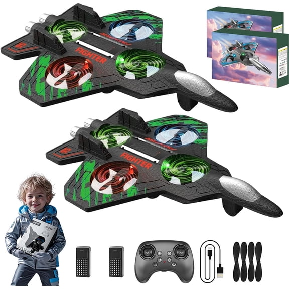 Advanced Rc Jet, Rc Stunt Fighter Jet Toy for Kids with 360° Flips & LED Lights, Christmas Remote Control Drone, Foam Remote Control Airplane, for Kids Adults Beginners Sky Enthusiast (2*Green)
