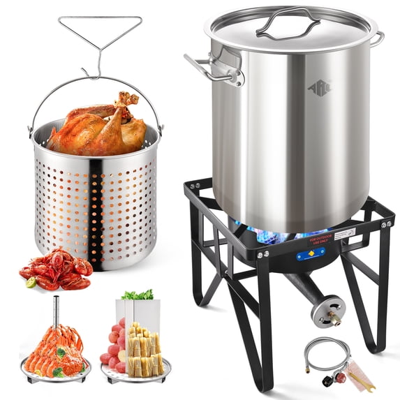 Advanced Royal Champion 52QT Stainless Steel Round Stock Pot with Cast Iron Burner, 200,000BTU Outdoor Seafood Boil Pot and Propane Stove, Silver
