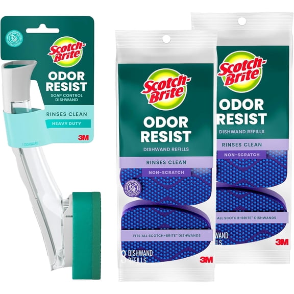 Advanced Soap Control Heavy Duty Dishwand Full Kit with 6 Heavy Duty Scrub Dots Refills, Leak-Free Soap Dispensing, Non-Slip Handle, Tough Scrubbing for Kitchen Dishes, Pots & Pans