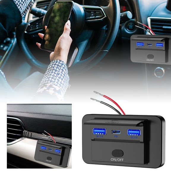 Advanced USB Car Charger Socket 12V 72W 3-Port Fast Charging Panel with PD QC 30 for RV Marine Truck Motorcycle Universal Vehicle Power Adapter