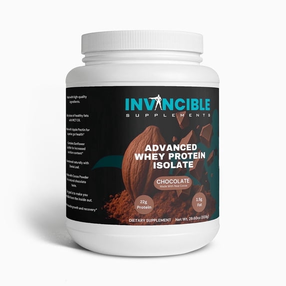 Invincible Supplements Advanced Whey Protein Isolate Chocolate – 22g Protein, Real Cocoa, MCT Oil Powder, Easy Mix Formula, 24 Servings
