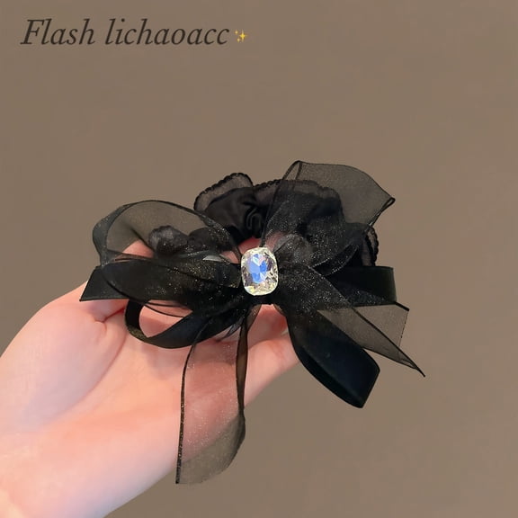 Advanced sense of black yarn bow crystal hair ring temperament tie ponytail hair rope new texture intestinal ring head rope female