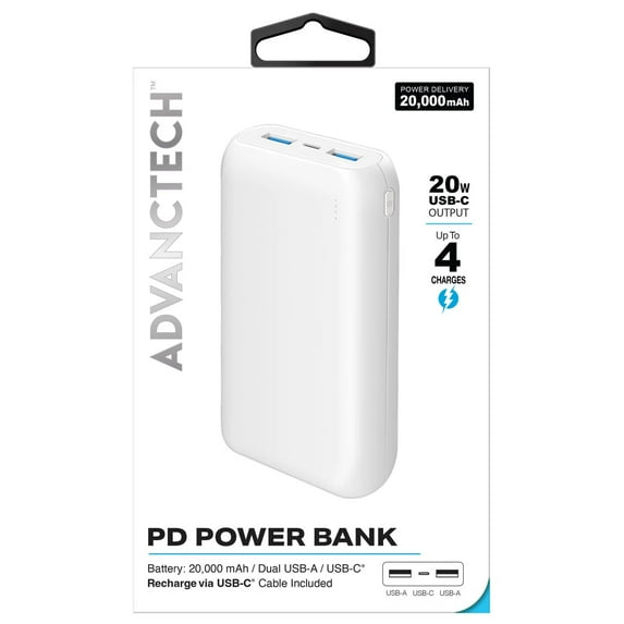 Advanctech 20W PD Power Bank Battery Pack Portable Charger 20000mAh - White