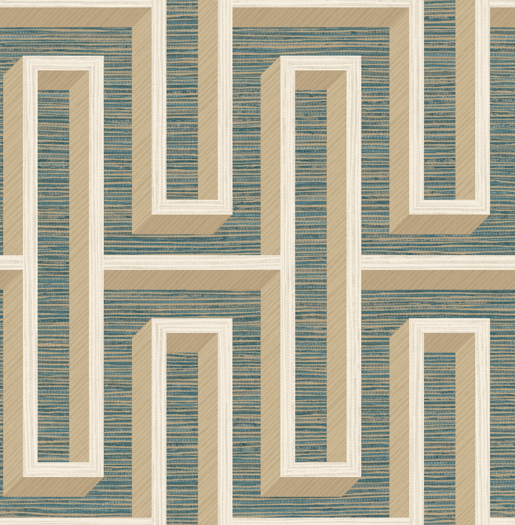 Teal and Beige Geometric Grasscloth Wallpaper Double Roll
