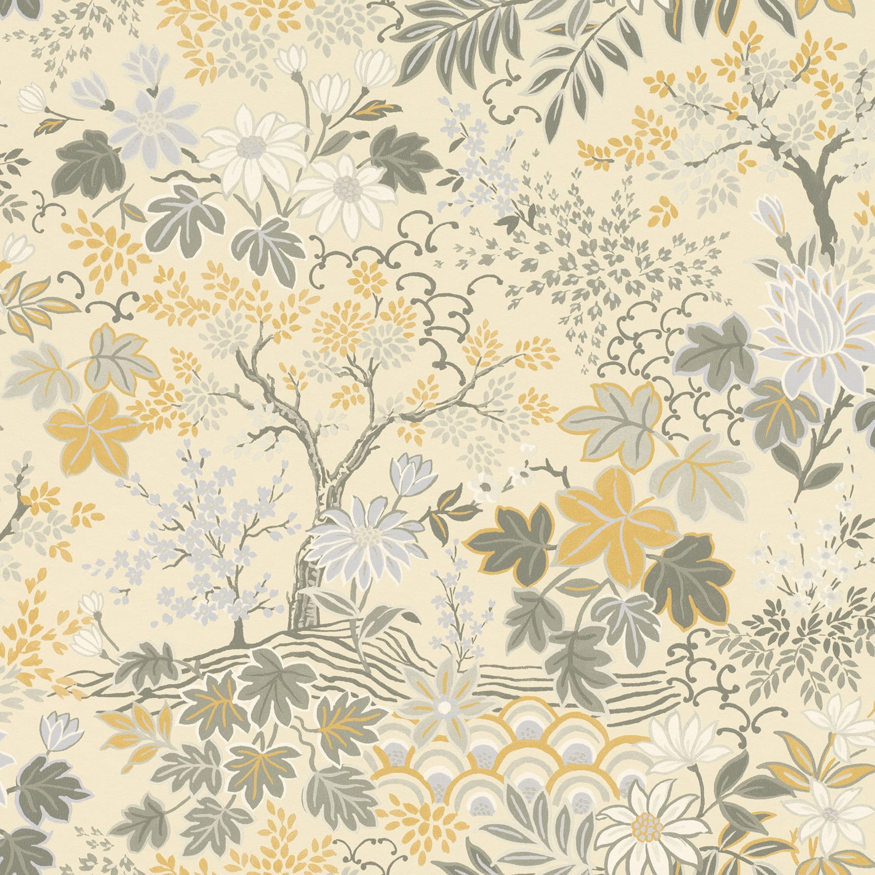 Eggshell White and Ochre Forest Floral Wallpaper