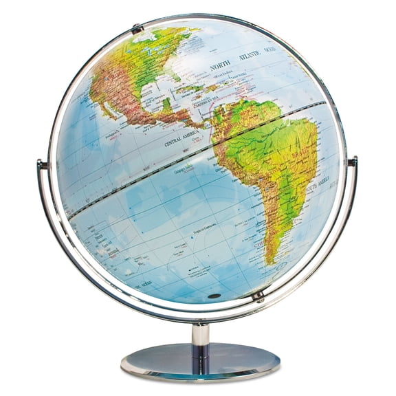 Advantus 12" World Globe w/ Blue Oceans, Raised Relief, Silver, Semi-Meridian