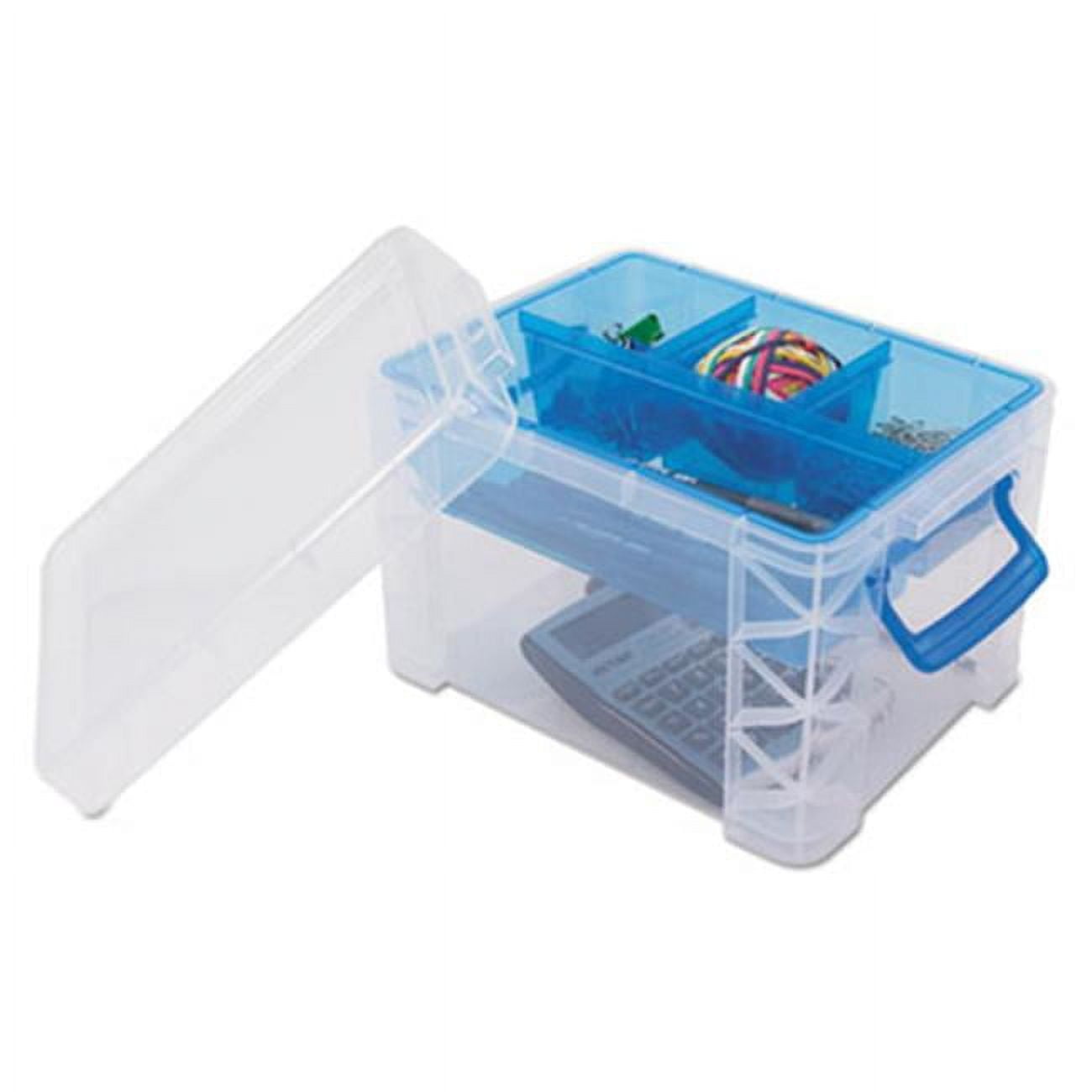 Clear and Blue Stackable Plastic Lidded Storage Box with Dividers