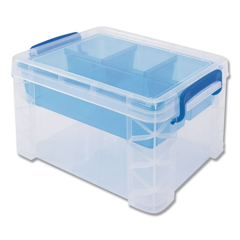 Advantus Super Stacker Divided Storage Box, 5 Sections, 7.5 X 10.13 X  6.5, Clear/blue