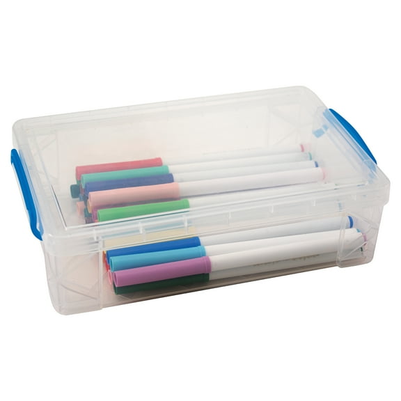 Advantus Super Stacker Pencil Box with Snap-tight Lid, Clear and Blue