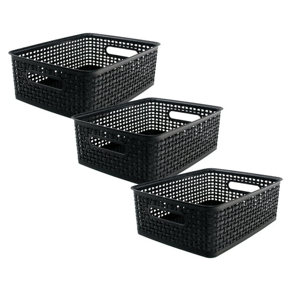 Thinkspace Plastic Weave Bin, Medium, Black, Pack of 3