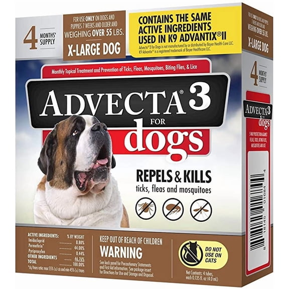 Advecta 3 Tick, Flea, and Mosquito Repellent and Treatment for Extra Large Dogs, 4 Monthly Doses
