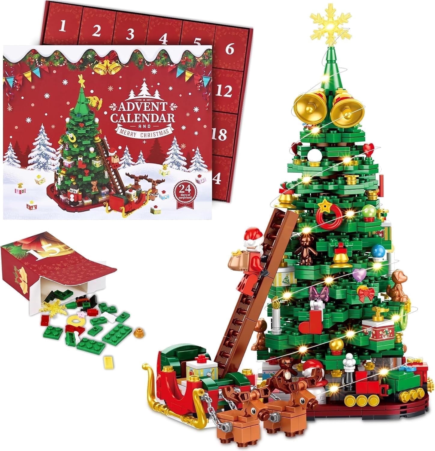 Advent Calendar 2026 Christmas Tree Building Blocks Set with LED Lights Santa Climbing Ladder Sleigh Reindeer 24 Days 1011 Pieces Christmas Countdown Calendar T