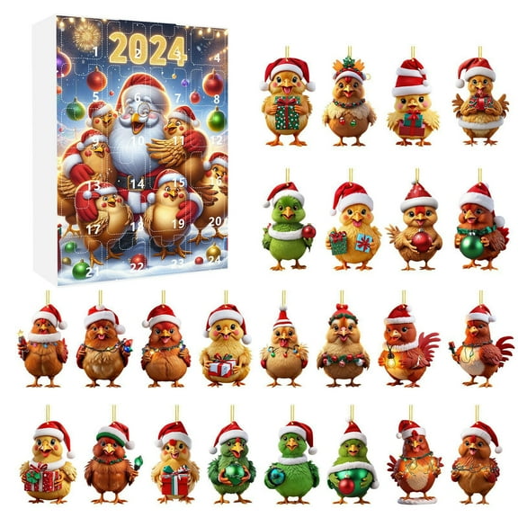 Advent Calendar 2025 - Chicken with Santa Hats 2D Countdown Calendar, 24 Days Christmas Tree Hanging Ornament for Kids & Adults, Fun 2025 Advent Calendar for Family & Classroom Holiday Decoration, E