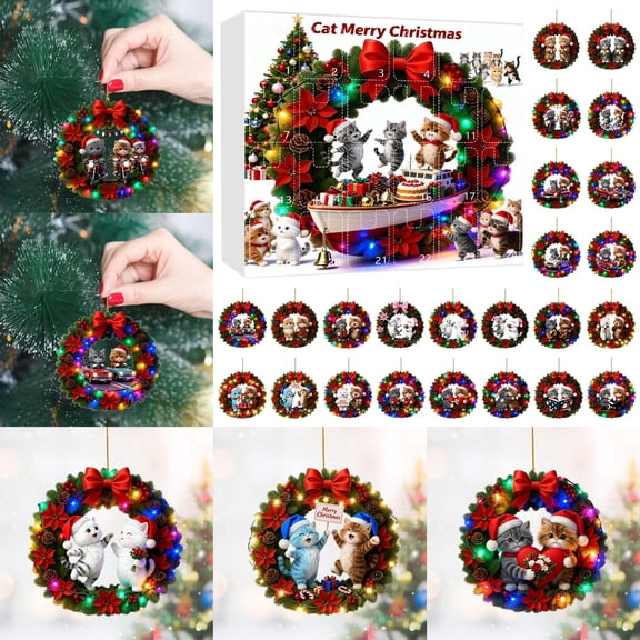 Advent Calendar 2025 Christmas Ornaments Cat Advent Calendar, 24 Double-Sided Printed Cat Ornaments, Christmas Tree Decorations Set, 24 Days Countdown to Christmas Gifts for Kids Boys Girls