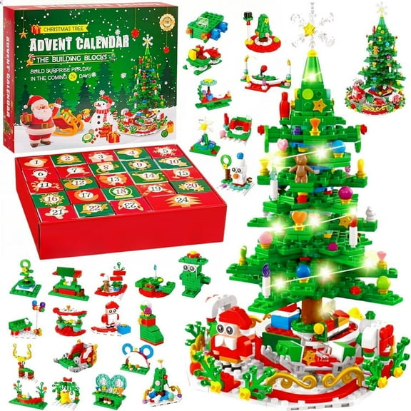 Advent Calendar 2025 Christmas Tree Building Set with LED Light, 24 Day Christmas Countdown Calendar Building Block for Kids and Adults