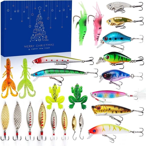 Advent Calendar Fishing Lure for Man Adult Teen - 24 Days Christmas Countdown Fish Tackle Set - Xmas Surprise Fish Bait Gift for Father Grandpa Brother Boyfriend