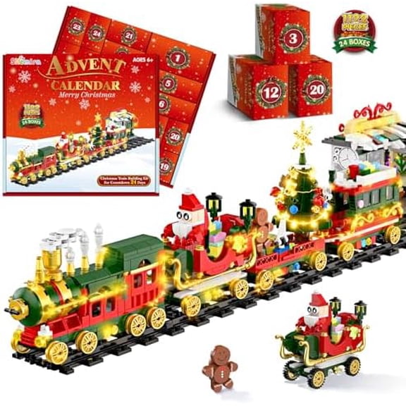 Advent Calendar 2025 Kids Boys Adult, 1122 PCS Christmas Train Building Toy Set with Led Lights, 24 Days Christmas Countdown Train Building Blocks Toy Set, Ideal Xmas Gift for Teen Boy