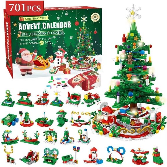 Advent Calendar 2025 for Kids Teens Adults, 701 Pieces 24 in 1 Christmas Tree Building Blocks Set Toy with LED light, 24 Days Xmas Countdown Calendar, Creative and Fun Cute Christmas Gifts