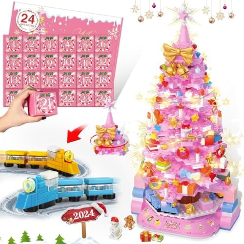 Advent Calendar 2025 Pink Christmas Tree Building Sets, 24 Days Surprise Christmas Countdown Mini Building Block with LED Light, Christmas Gifts for Adult and Teens 8+ Year Old, 1188Pcs