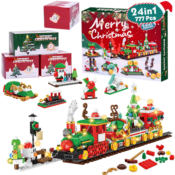 Advent Calendar 2025, With light strip Christmas Train Building Blocks 777PCS Building Set with 24-Day Countdown Surprise Gift Box Holiday Decor & Great Christmas Xmas New Year Gift for Kids & Adults