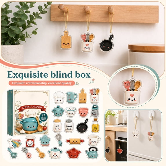 Advent Calendar 2026 Cooking Kitchen Utensils Theme Blind Box 24 Days Countdown with 24Pcs Acrylic Hanging Pendants for Festive Party Decorations