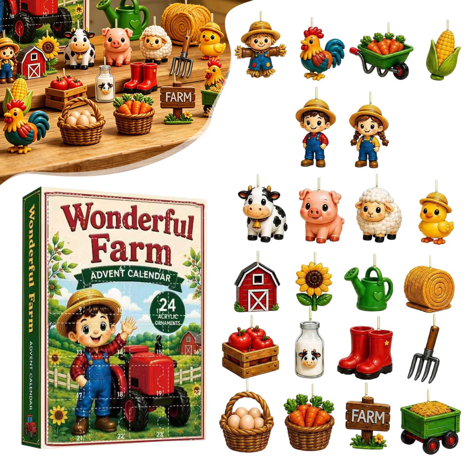 Advent Calendar 2026 Farm Countdown, 24 Pcs Acrylic Farm Animal Ornaments, Christmas Hanging Ornament Set for Tree Wreath Farmhouse Decor bldnkj