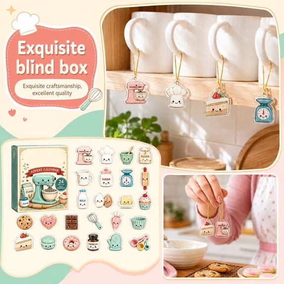 Advent Calendar 2026 Kitchen Baking Theme Blind Box 24 Days Countdown with 24Pcs Cute Acrylic Ornaments for Home Party Decoration Pendants Gift Set