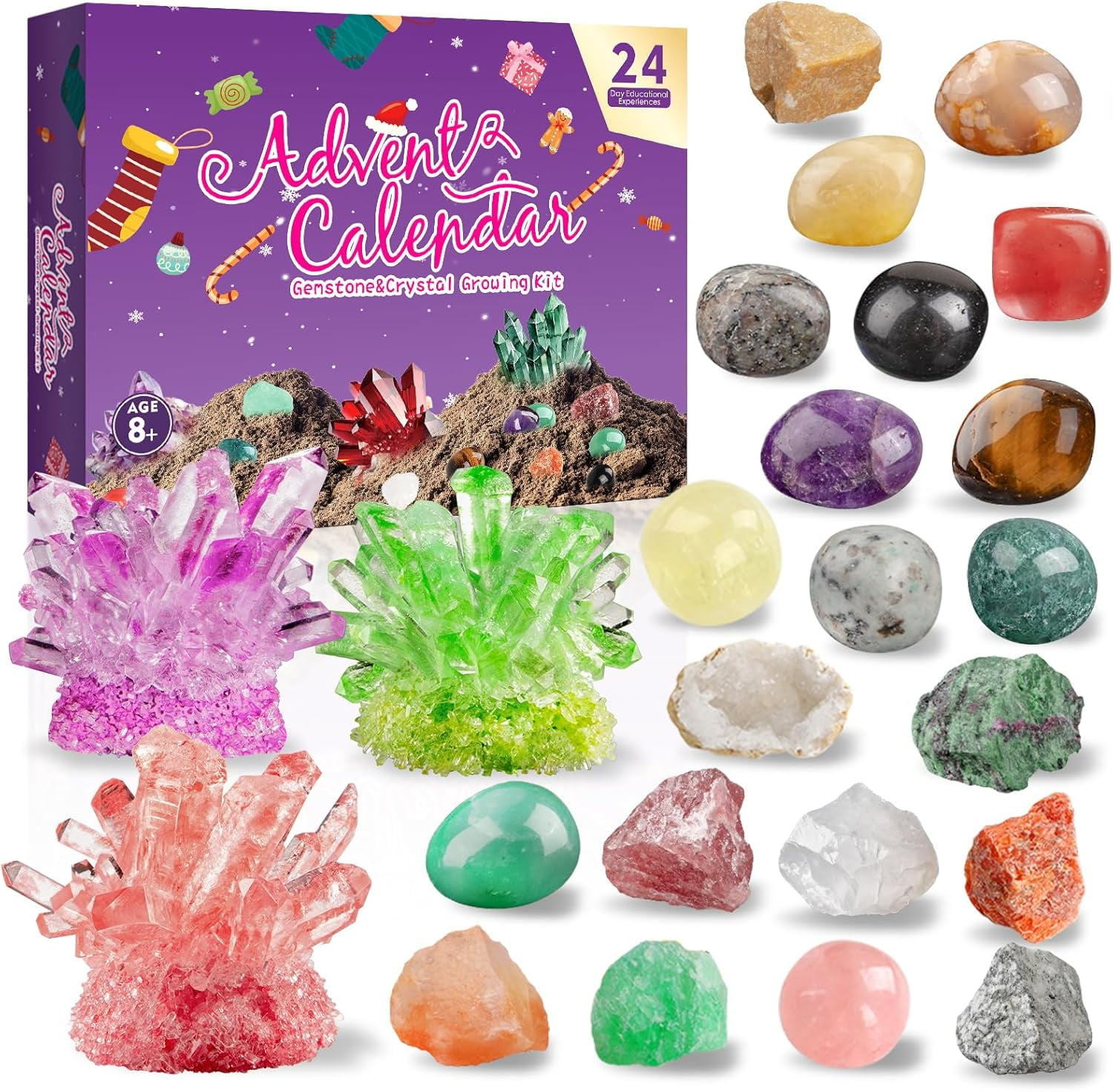 Advent Calendar 24 Days Christmas Countdown with Crystal Growing Kit, Healing Crystals Gemstones Minerals Fossils Science Kit Rocks Collection for Learning