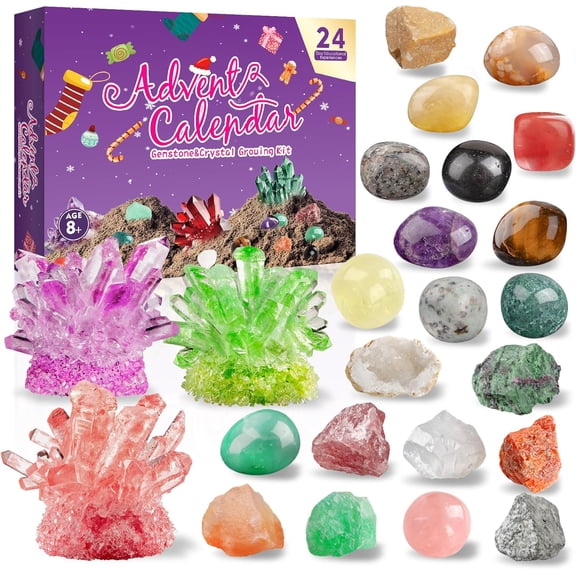 Advent Calendar 24 Days Christmas Countdown with Crystal Growing Kit, Healing Crystals Gemstones Minerals Fossils Science Kit Rocks Collection for Learning