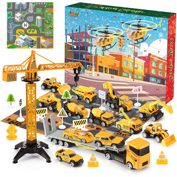 Advent Calendar: Alloy Construction Engineering Vehicle Toy Sets Plus 2 Mats, Christmas Gifts Toys for 3-8 Year Old Boy, Stocking Stuffer Christmas Countdown for Boys| Toddler| Kids (yellow)