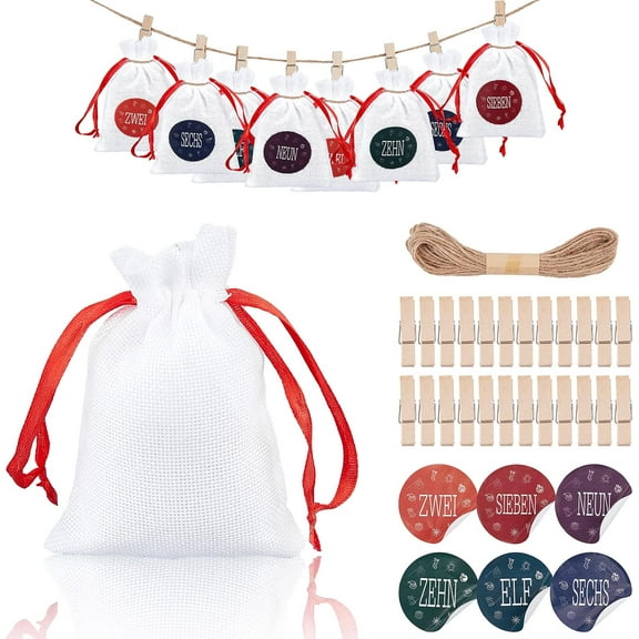 Advent Calendar Bags Burlap Packing Pouches Kit 24pcs 5.5 x 3.9” Jewelry Favor Gift Candy Drawstring Pouch Burlap with Word Stickers Clamps and Hemp Cord DIY