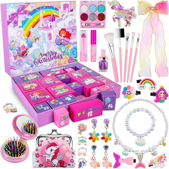 Advent Calendar Girls 24 Days Christmas Countdown Calendar Gifts Including Hair Accessories Kits, Bracelets, Purse Toys Christmas Birthday