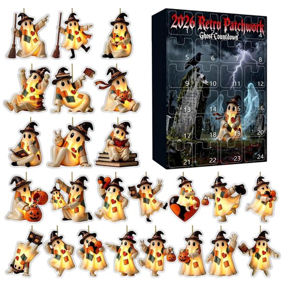 Advent Calendar Retro Ghost Light Up Halloween Ornaments 24 Piece Countdown Set for Indoor Home Party Display Spooky Holiday Decoration