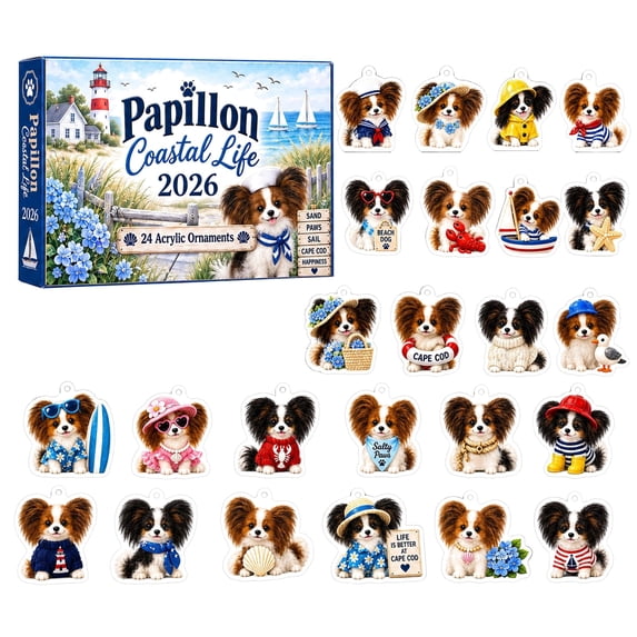Advent Calendar with 24 Papillon Coastal Life Acrylic Ornaments, Christmas Tree Hanging Decor Set