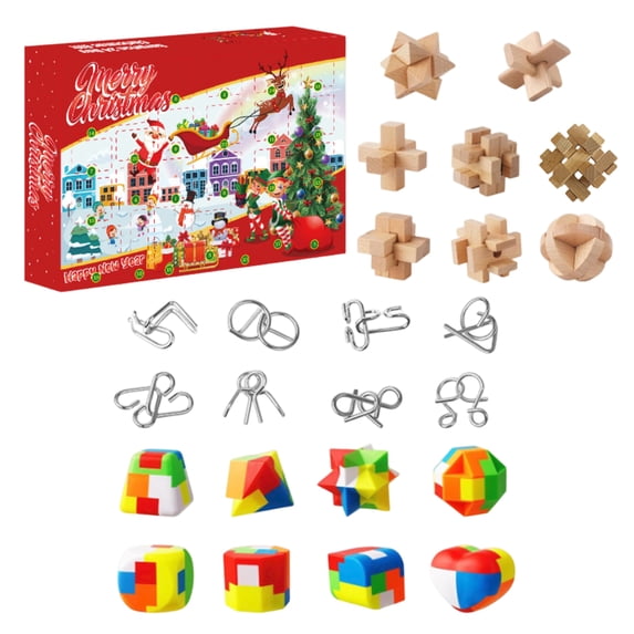 Advent Calendars 2026 Wooden Metal Brain Teaser Puzzle Set, 24-Piece Geometric Cube Gift Box for Holiday Countdown