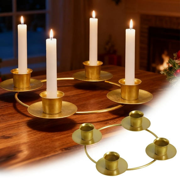 Advent Candle Holder Wreath, for 4 Taper or Pillar Candles, Gold Metal Candelabra Ring, Modern Minimalist Centerpiece for Holiday Dining Table, Christmas and Home Decor