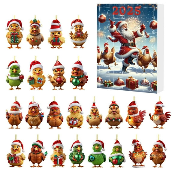 Advent Ornaments - Chicken Ornaments for Christmas Tree | 24 Days of Holiday Countdown Calendar Chicken Ornament| 2D Acrylic Chick Hangable Pendants for Kids Adults, Animal Charm fôr Christmas Tree