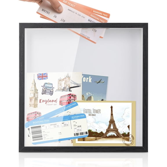 Adventure Archive Box, 12 x 12 Inch Travel Box for Memories, Travel Shadow Box Frame with Slot, Adventure Box, Keepsake Display Case, Perfect for Travel Memento Display Case Travel Decor Gift (Black)