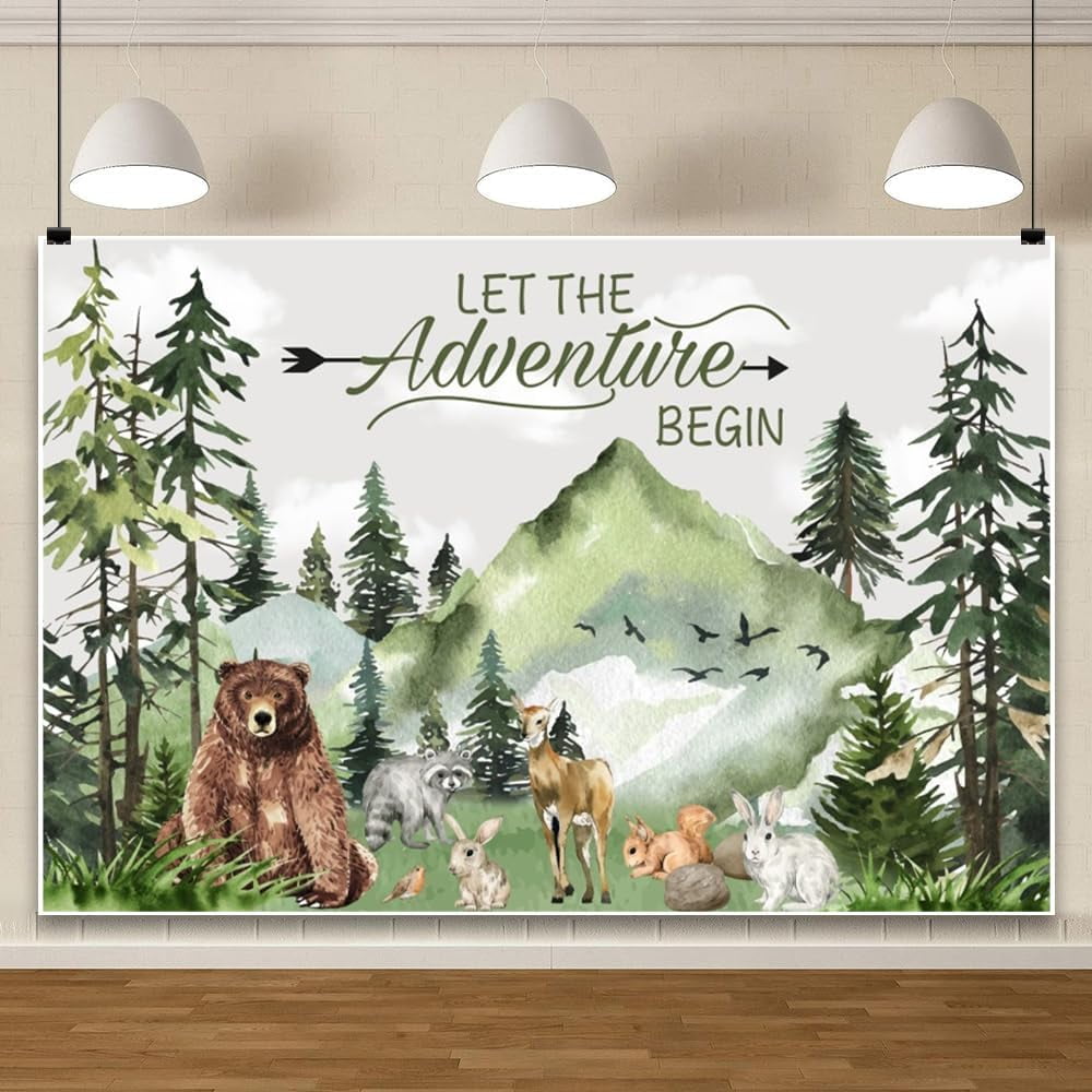 Adventure Awaits Forest Montain Baby Shower Backdrop