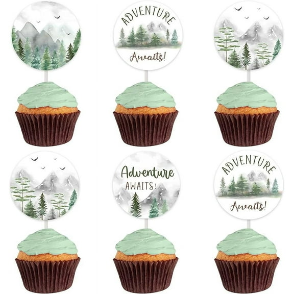 Adventure Awaits Baby Shower Decorations, 12Pcs Cupcake Toppers Mountain Cake Cupcake Picks Let the Adventure Begin/Bon voyage/Away Travel Themed Wedding/Retirement Party Supplies