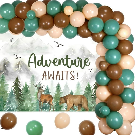 Adventure Awaits Baby Shower Decorations Sage Green Let the Adventure Begin Baby Shower Balloon Garland Kit with Adventure Awaits Baby Shower Backdrop for Adventure Baby Shower Supplies