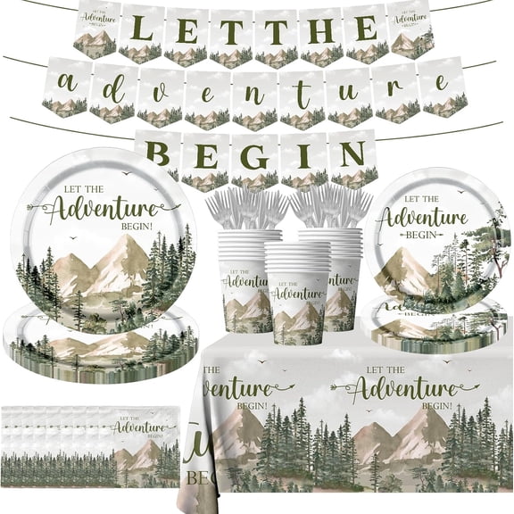 Adventure Awaits Baby Shower Tableware,Let The Adventure Begin Party Decoration Includes Disposable Paper Plates,Tablecloths,Travel Themed Party Decorations for Baby Shower,Birthday Party